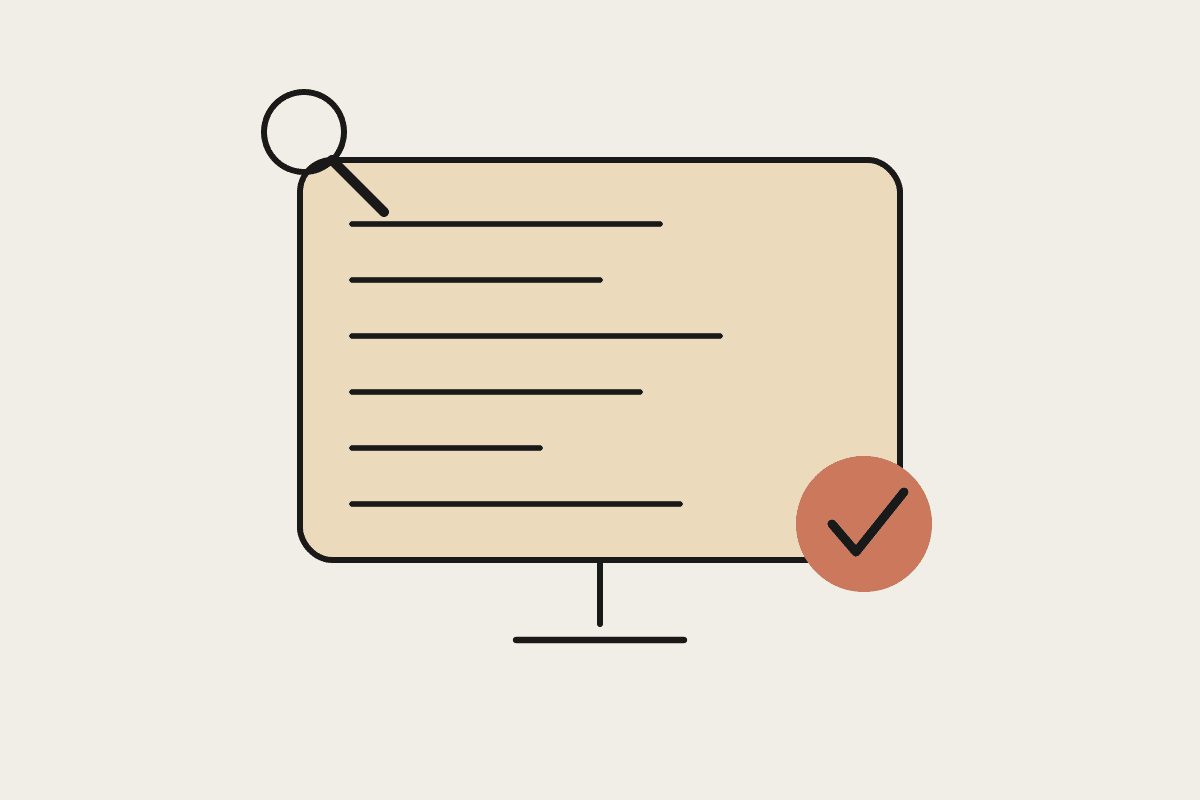 Line illustration of a monitor showing code with a magnifying glass and a terracotta checkmark badge, representing an independent coding benchmark