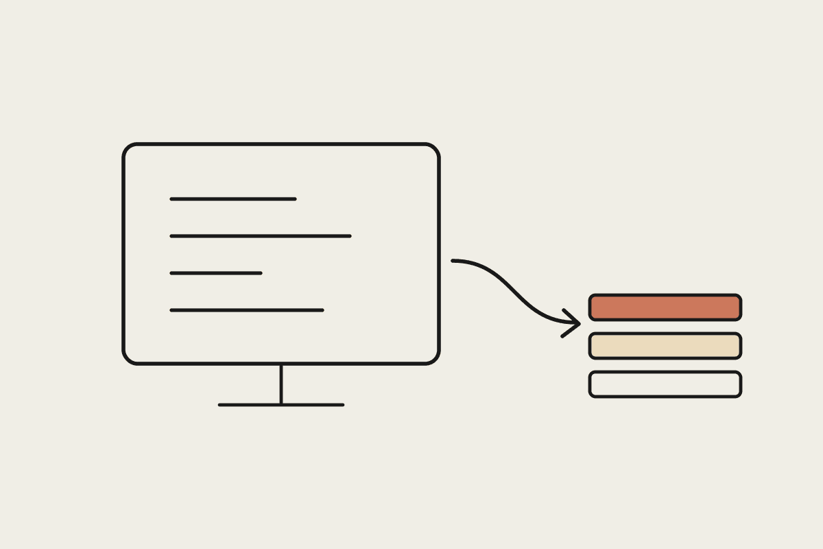 Line illustration of a monitor with code lines flowing into a neat stack of pages, the top page terracotta