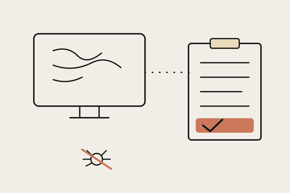 Line illustration of a monitor with flowing code connected to a QA checklist clipboard with a terracotta tick, and a small crossed-out bug icon
