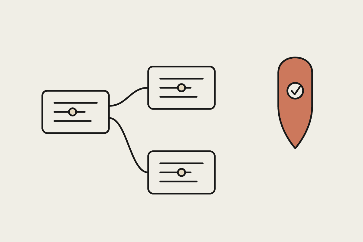 Line illustration of a padlock checkpoint watching over a pipeline of connected code-block nodes