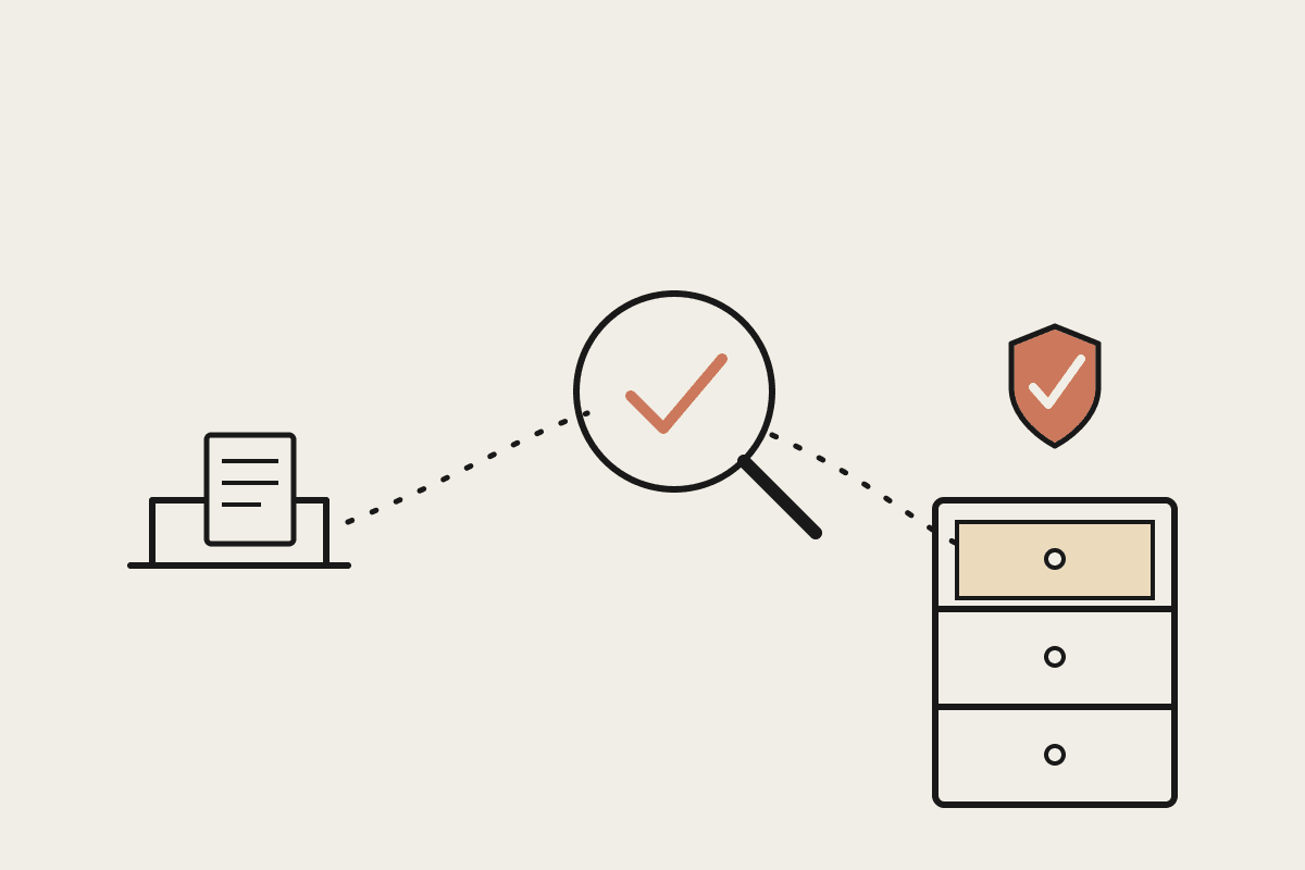 Line illustration of a paper moving from an intake tray through a magnifying glass conflict check into a filing cabinet with a terracotta shield checkmark