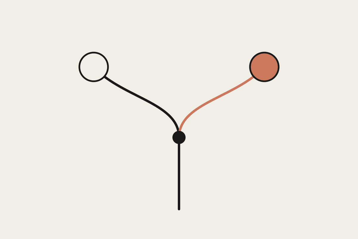 Line illustration of a path forking into two, one branch drawn in terracotta