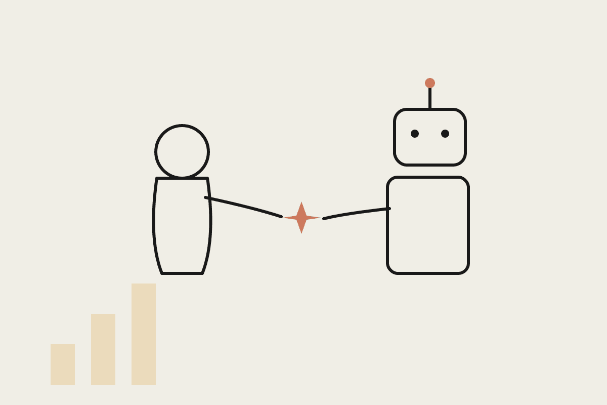 Line illustration of a person and a friendly Claude robot shaking hands, with a terracotta spark at the point of contact and ascending tan bars in the background representing productivity gains.