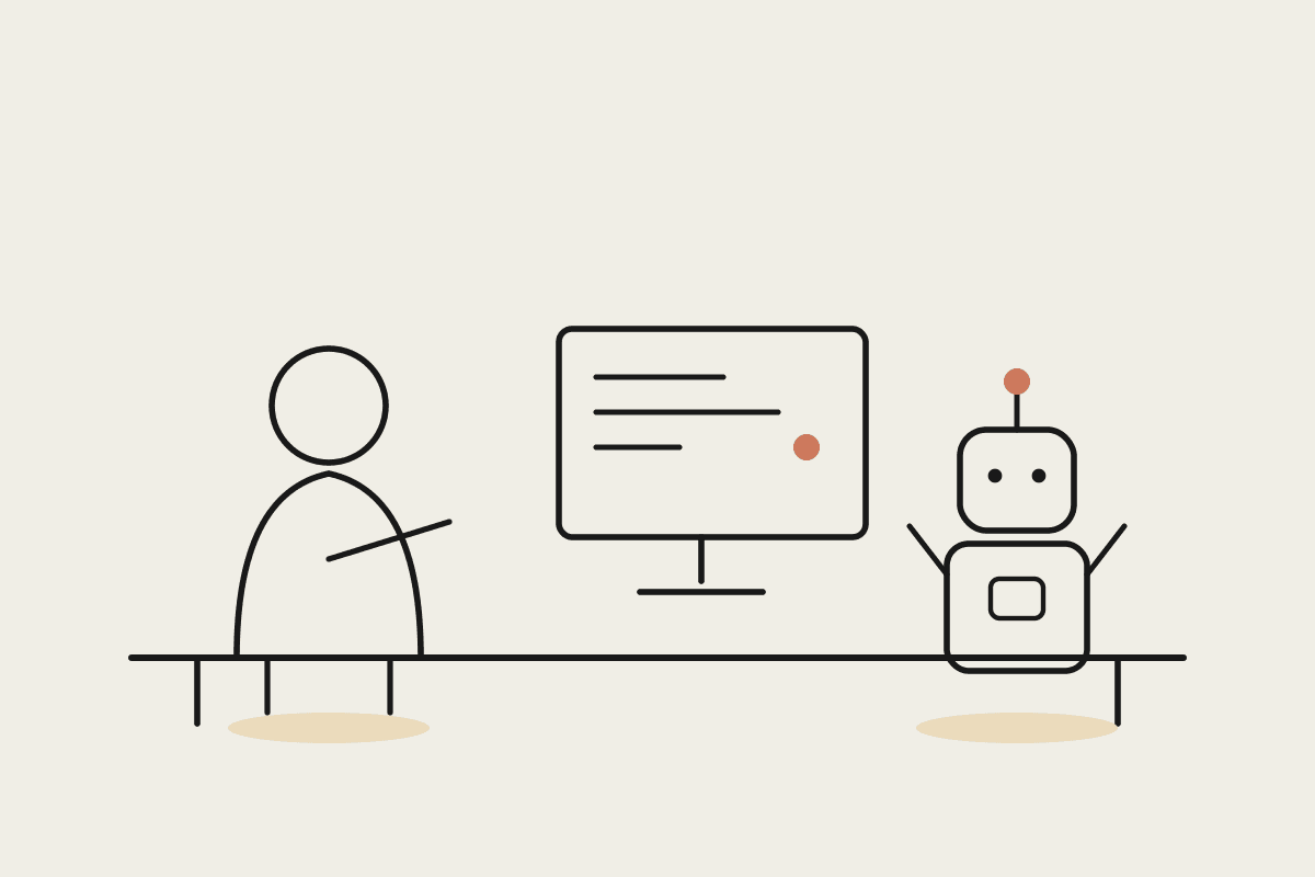 Line illustration of a person and a friendly robot figure working together at a shared monitor, a terracotta spark marking the moment they sync up.