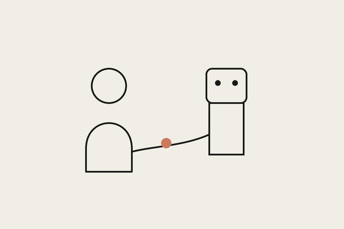 Line illustration of a person and a friendly robot shape reaching toward each other, a terracotta spark where they meet