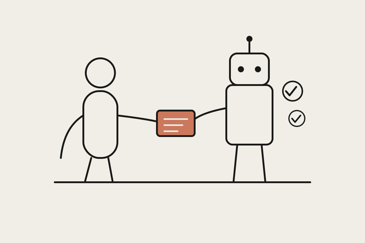 Line illustration of a person handing a task card to a robot assistant across a desk, with completed-task checkmarks rising near the assistant