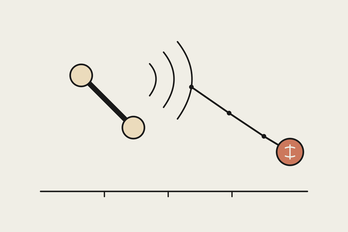 Line illustration of a phone handset with sound waves flowing into a descending cost line that ends at a terracotta coin, representing falling call-handling costs.