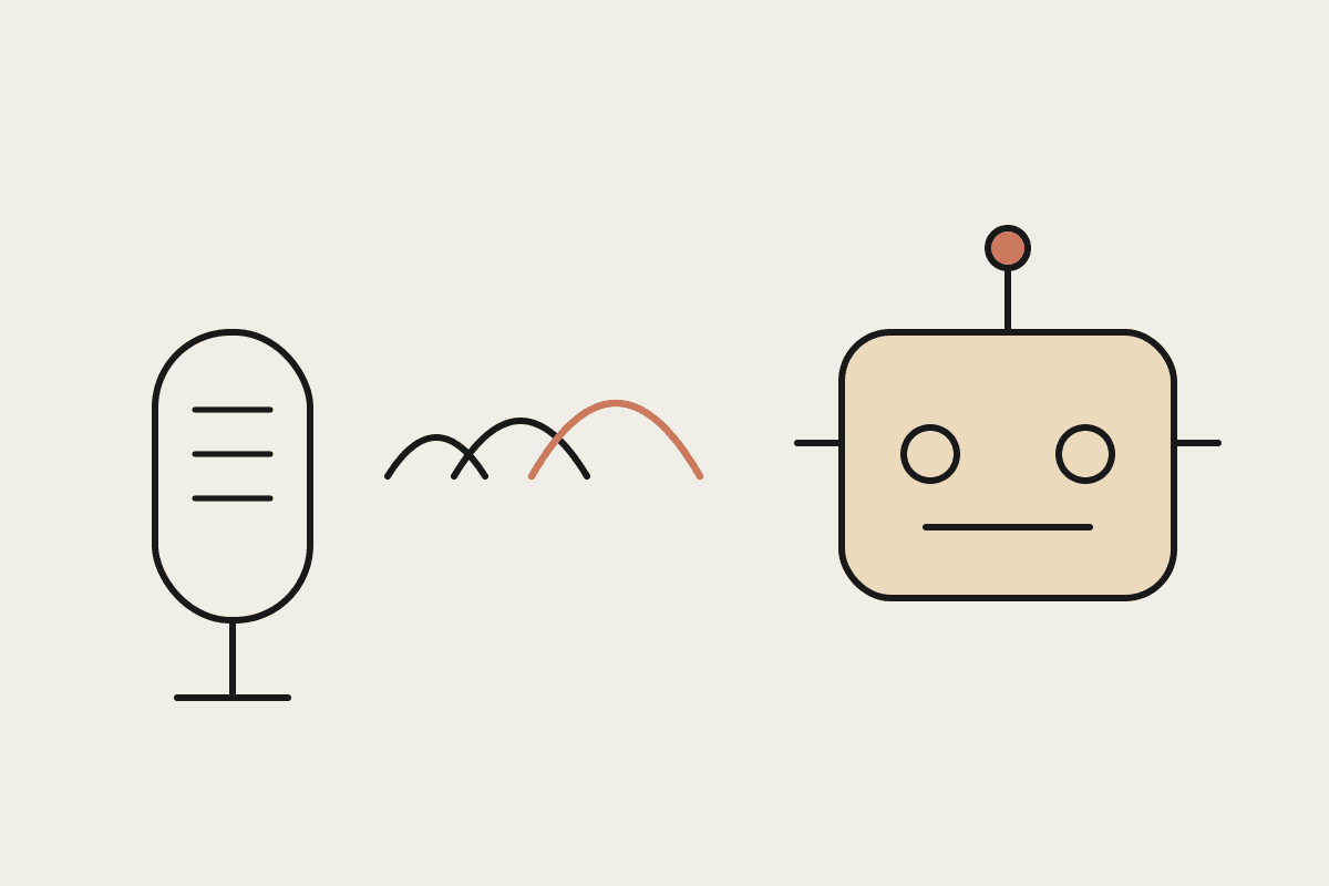 Line illustration of a phone sending sound waves into a friendly robot with a terracotta antenna