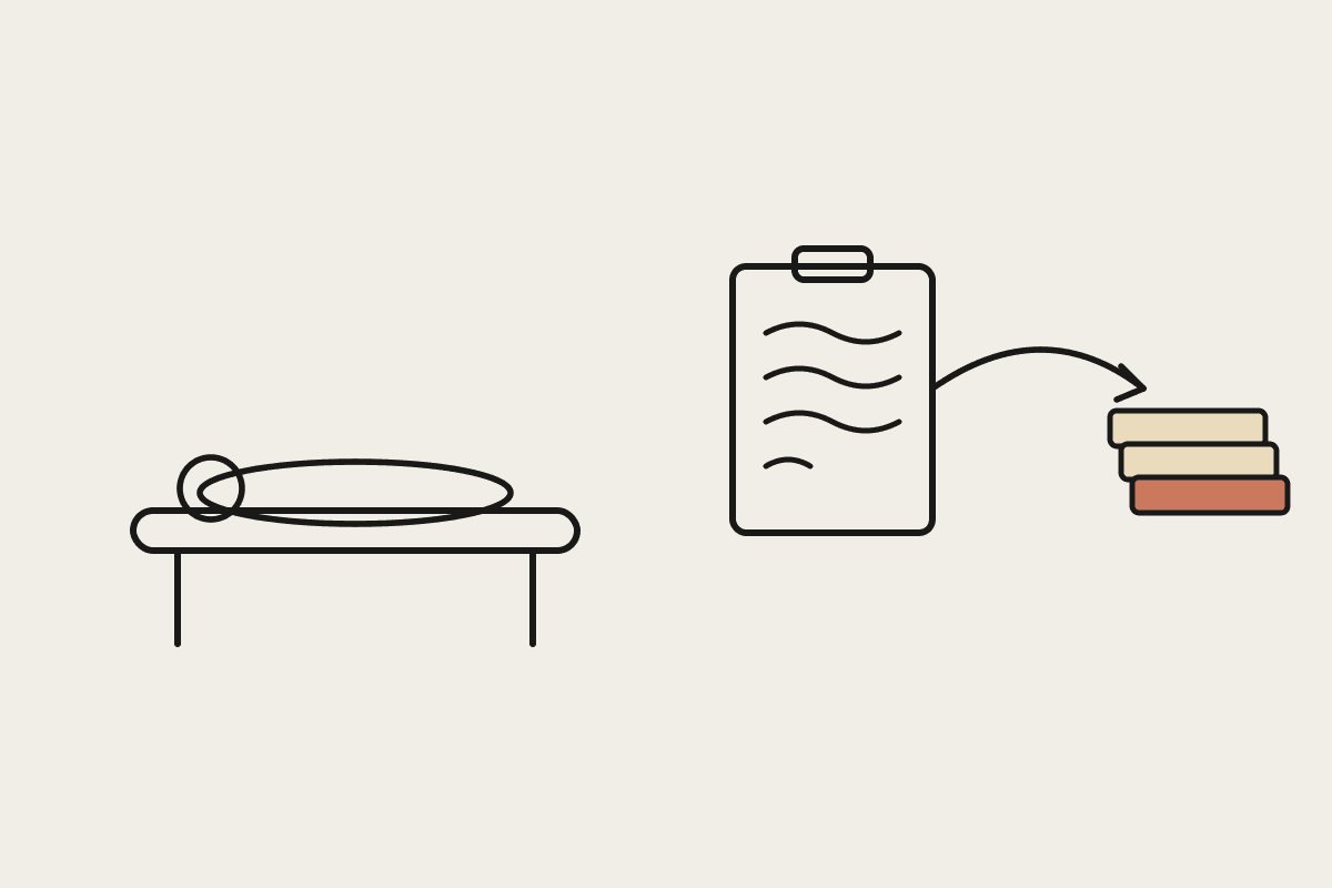 Line illustration of a physiotherapy treatment table beside a clipboard of handwritten notes turning into a neat stack of reports