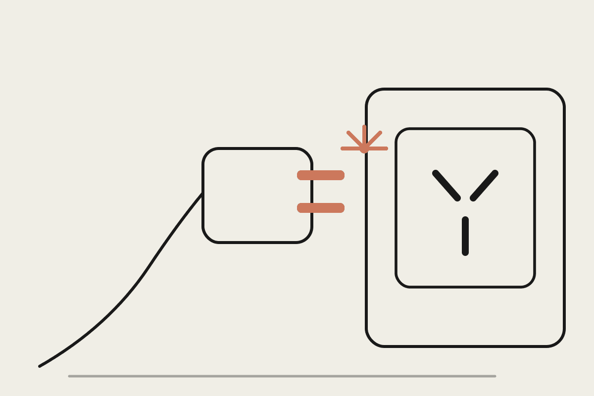 Line illustration of a plug adapting to fit an Australian three-pin wall socket, with a terracotta spark at the connection point