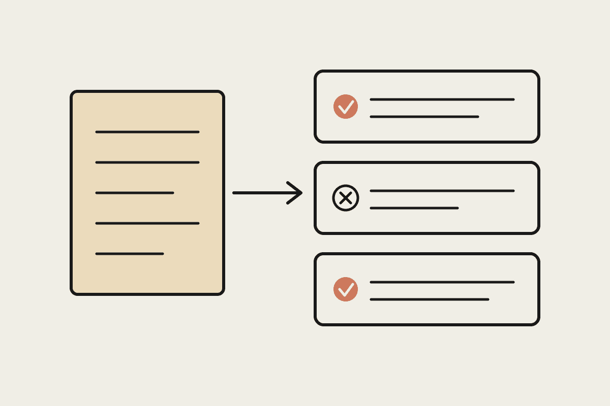 Line illustration of a policy document feeding into three graded feedback cards, two marked correct in terracotta and one marked incorrect in ink.