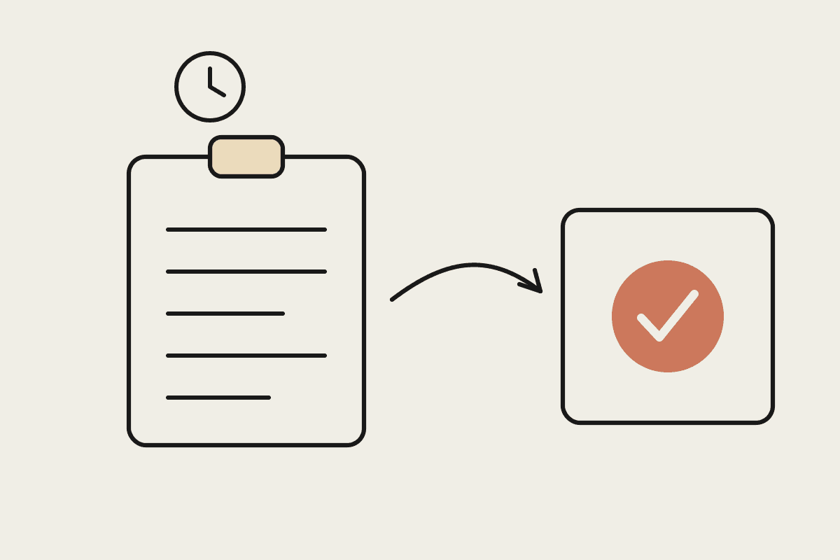 Line illustration of a pre-employment medical report moving from a clipboard to a completed, approved report with a terracotta tick, beside a clock showing fast turnaround.