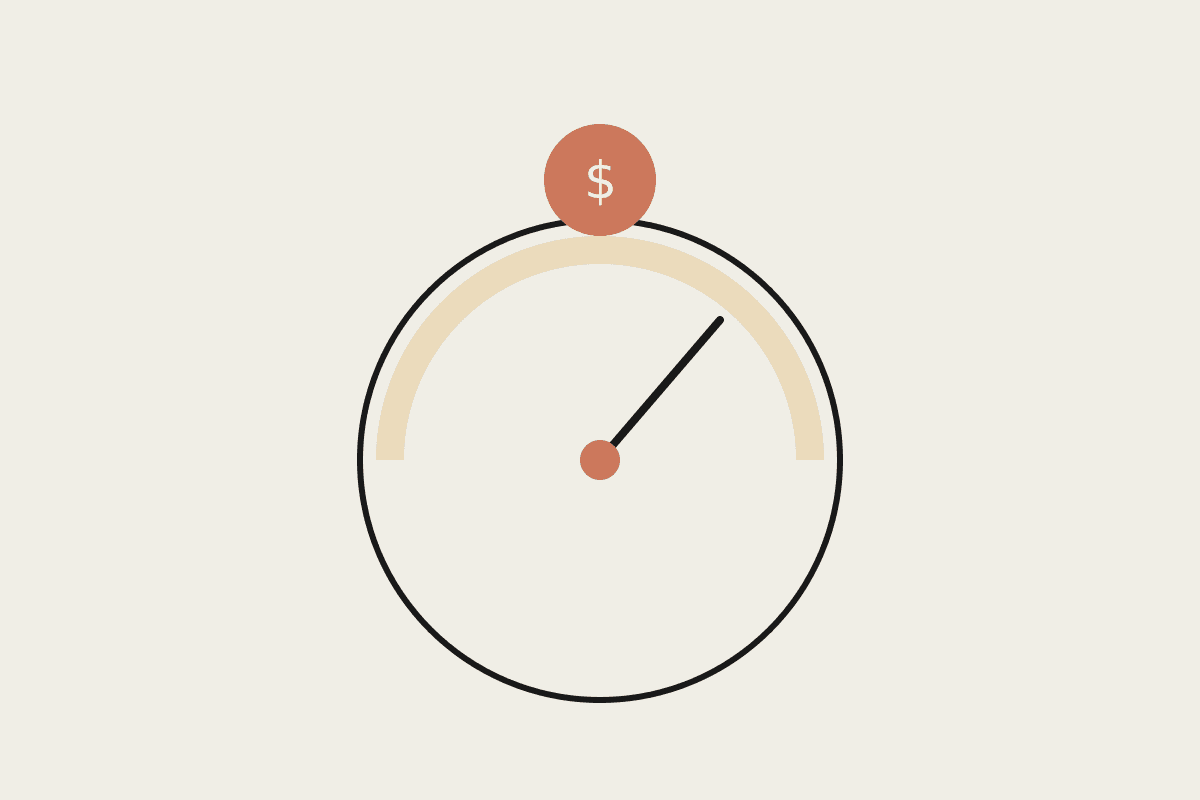 Line illustration of a pricing dial with a terracotta needle pointing into the safe zone and a coin above it