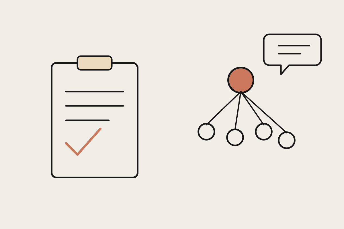 Line illustration of a programming clipboard and an educator-to-child ratio diagram with a family message bubble