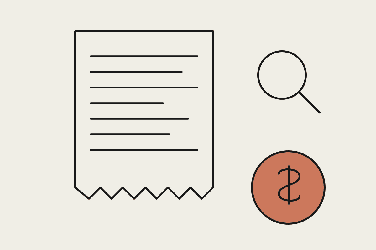 Line illustration of a receipt with a magnifying glass and a terracotta coin, representing GST and FBT review of AI subscriptions
