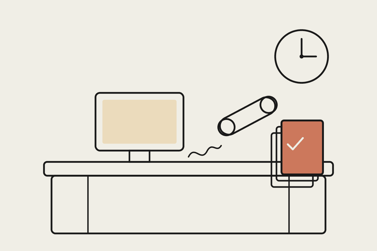 Line illustration of a reception desk with a phone, monitor and a cleared stack of papers under a wall clock