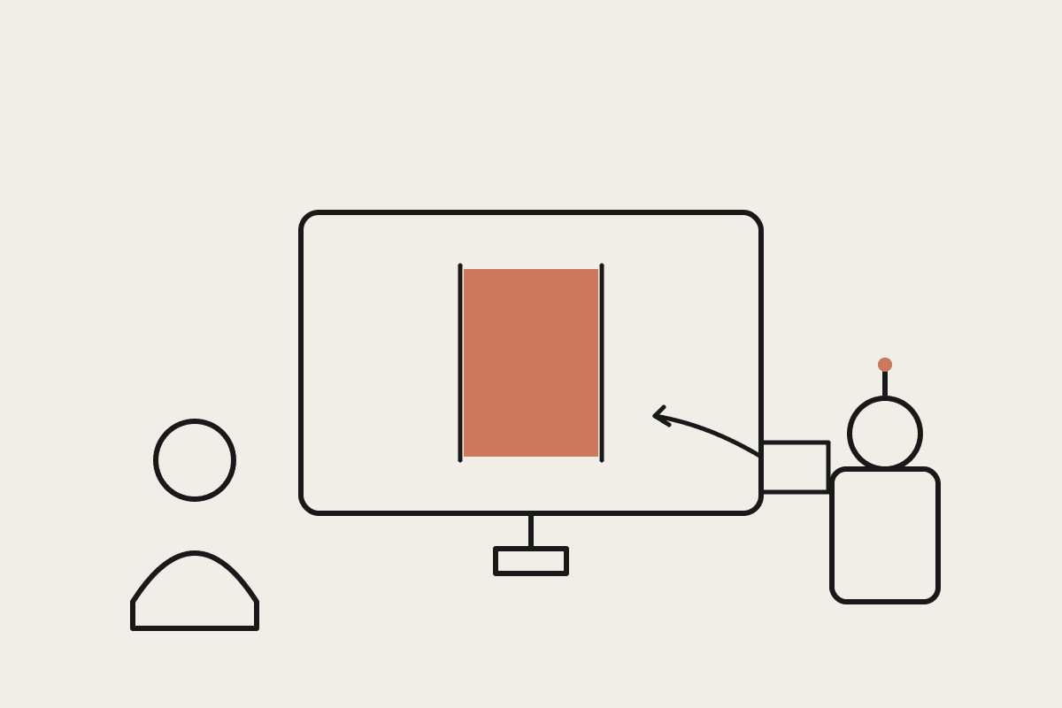 Line illustration of a recruiter at a monitor showing a highlighted shortlist column, with a small robot assistant handing across a folder