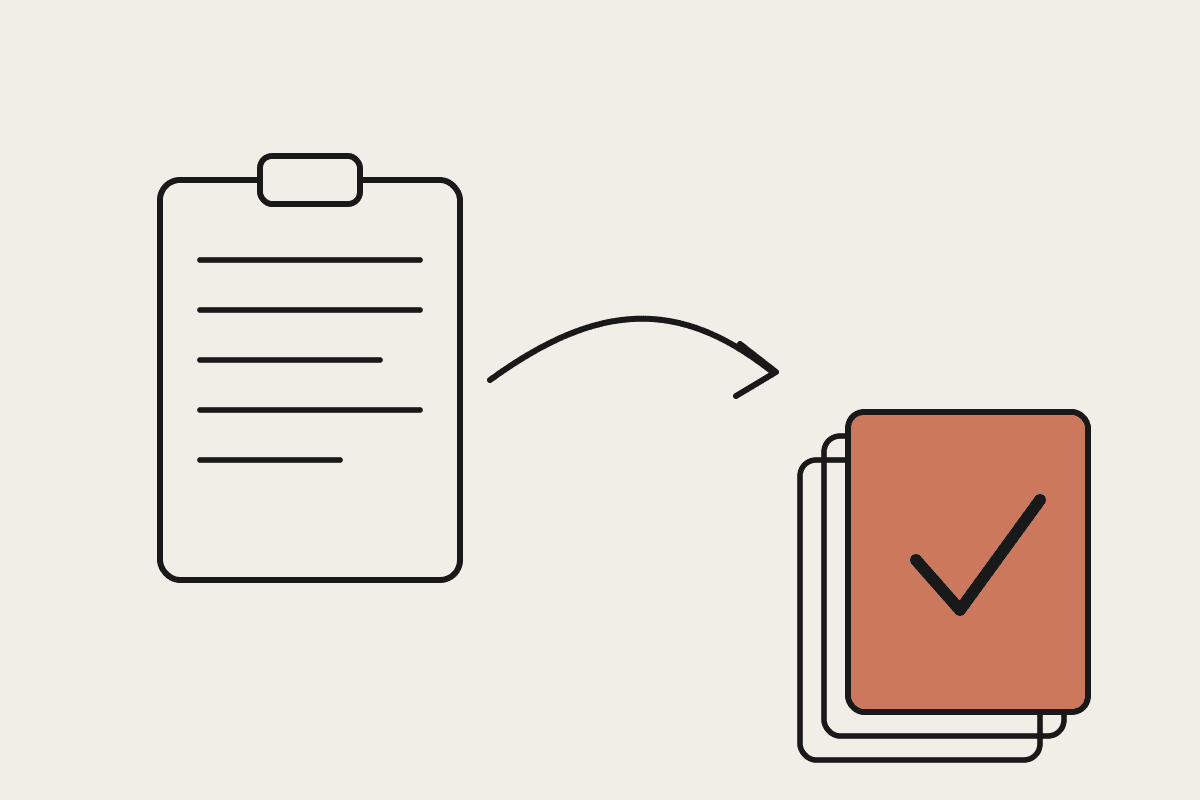 Line illustration of a rental application clipboard feeding into a stack of documents with a terracotta checkmark on top