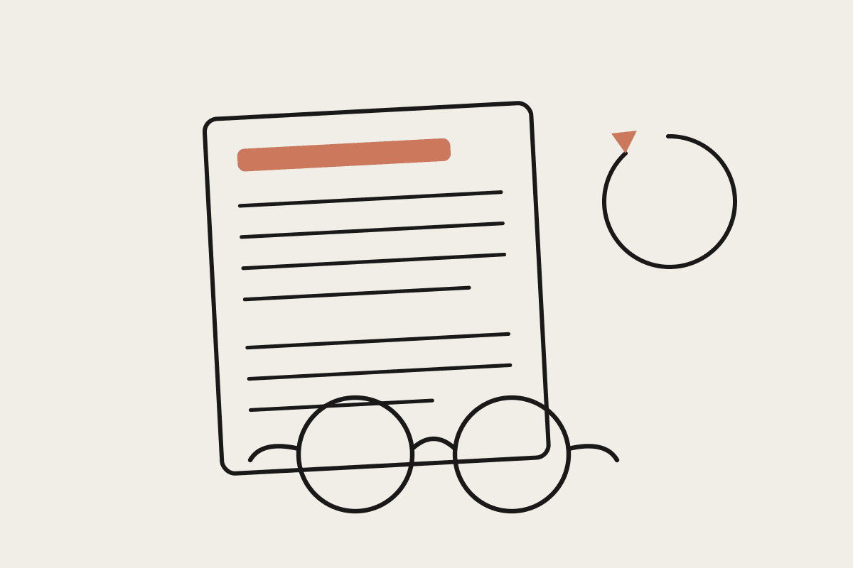 Line illustration of a report letter with a pair of spectacles and a recall loop arrow