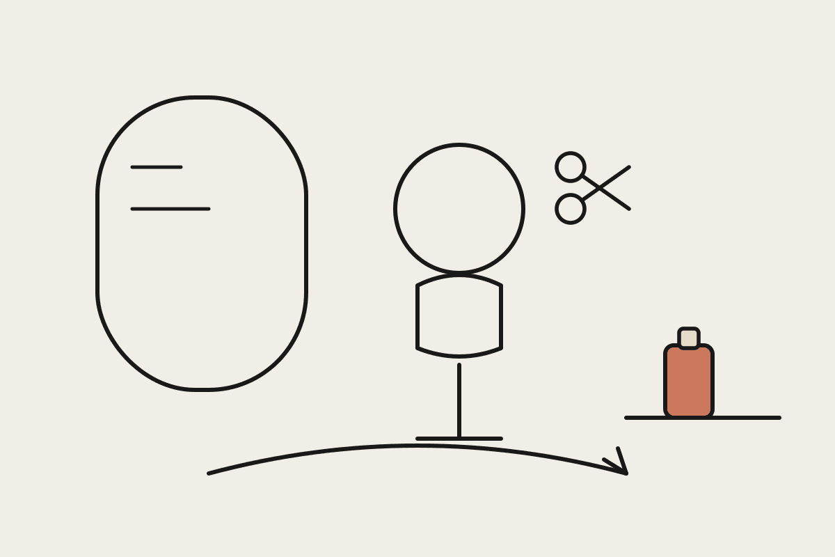 Line illustration of a salon mirror, styling chair, scissors and a terracotta retail product bottle with a rebooking loop