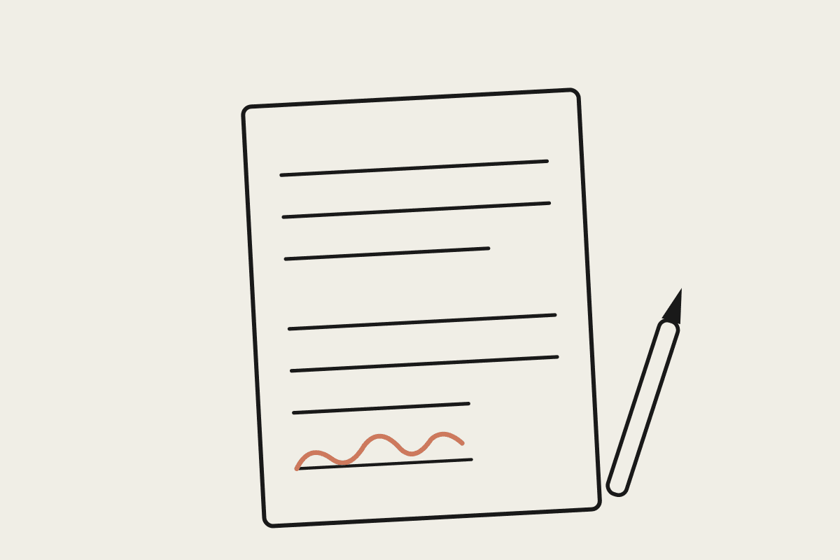 Line illustration of a signed document with a terracotta signature flourish and a pen beside it