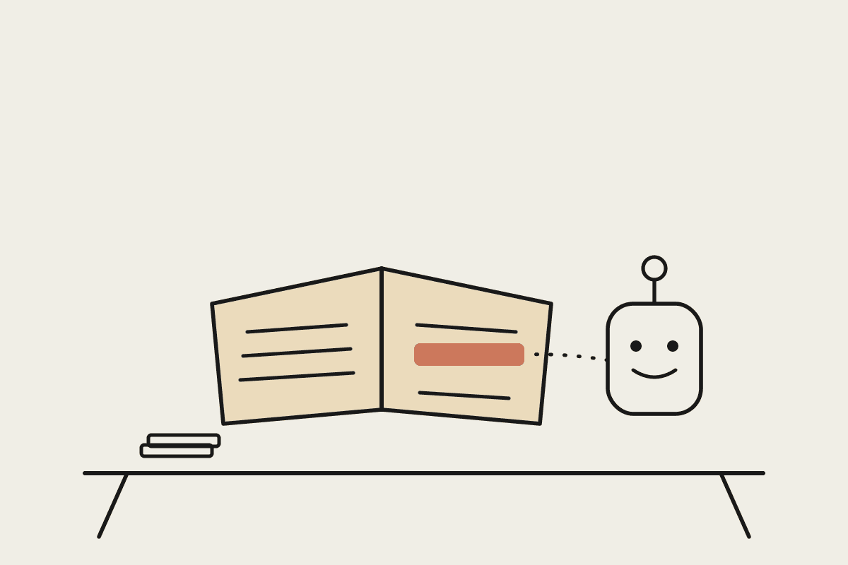 Line illustration of a small assistant character pointing out a highlighted line in an open notebook on a desk