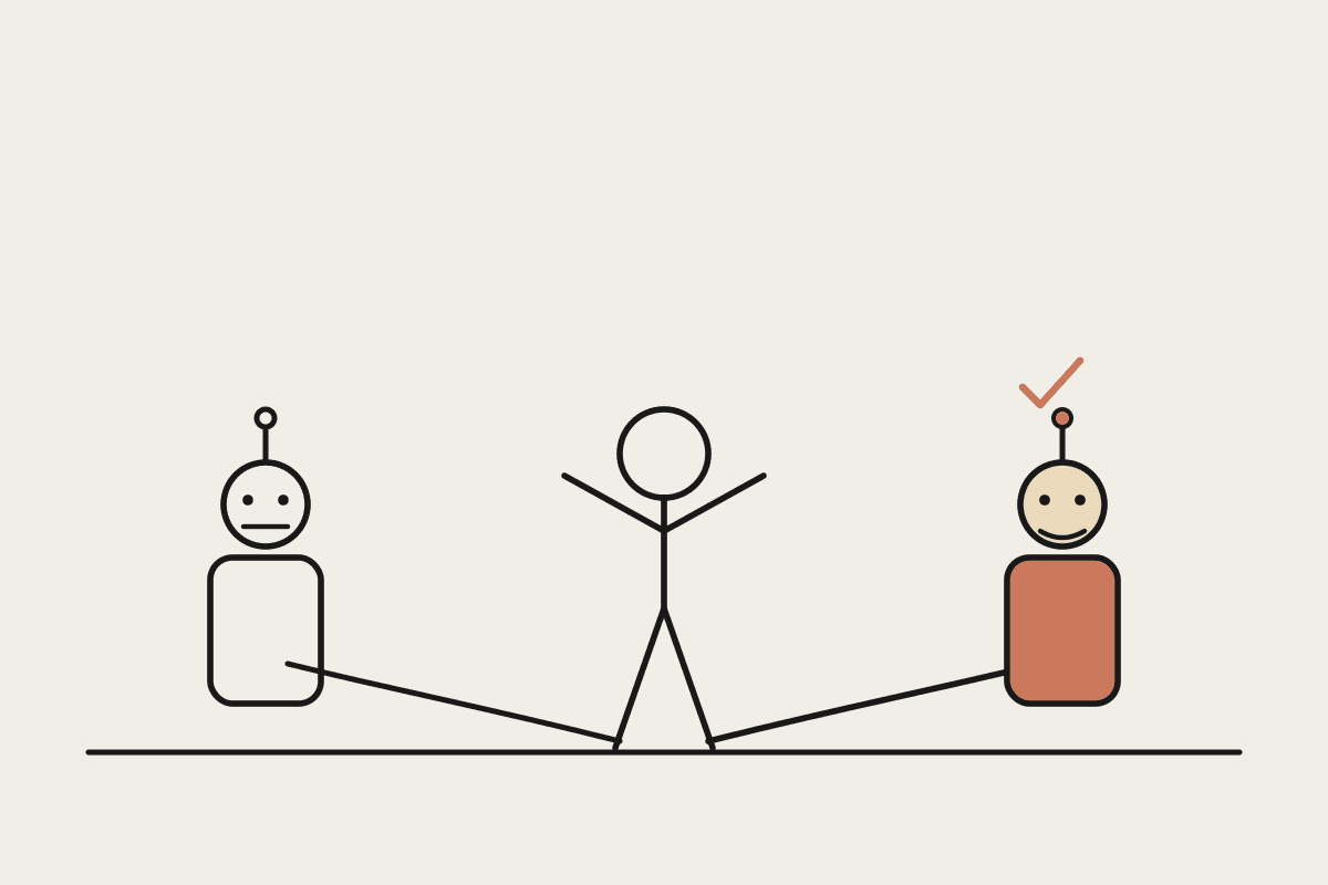 Line illustration of a small business owner standing between two robot assistants, one plain outline and one filled with a terracotta accent and a checkmark, representing the choice between ChatGPT and Claude.