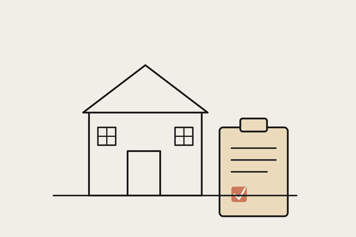 Line illustration of a small community hall beside a clipboard with a completed terracotta checkbox
