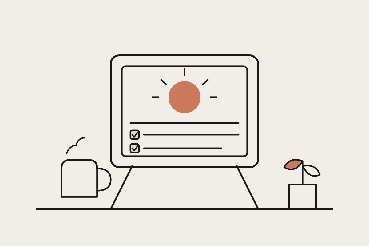 Line illustration of a small desk e-ink display showing a terracotta sunrise above a two-item checklist, with a mug and a plant either side