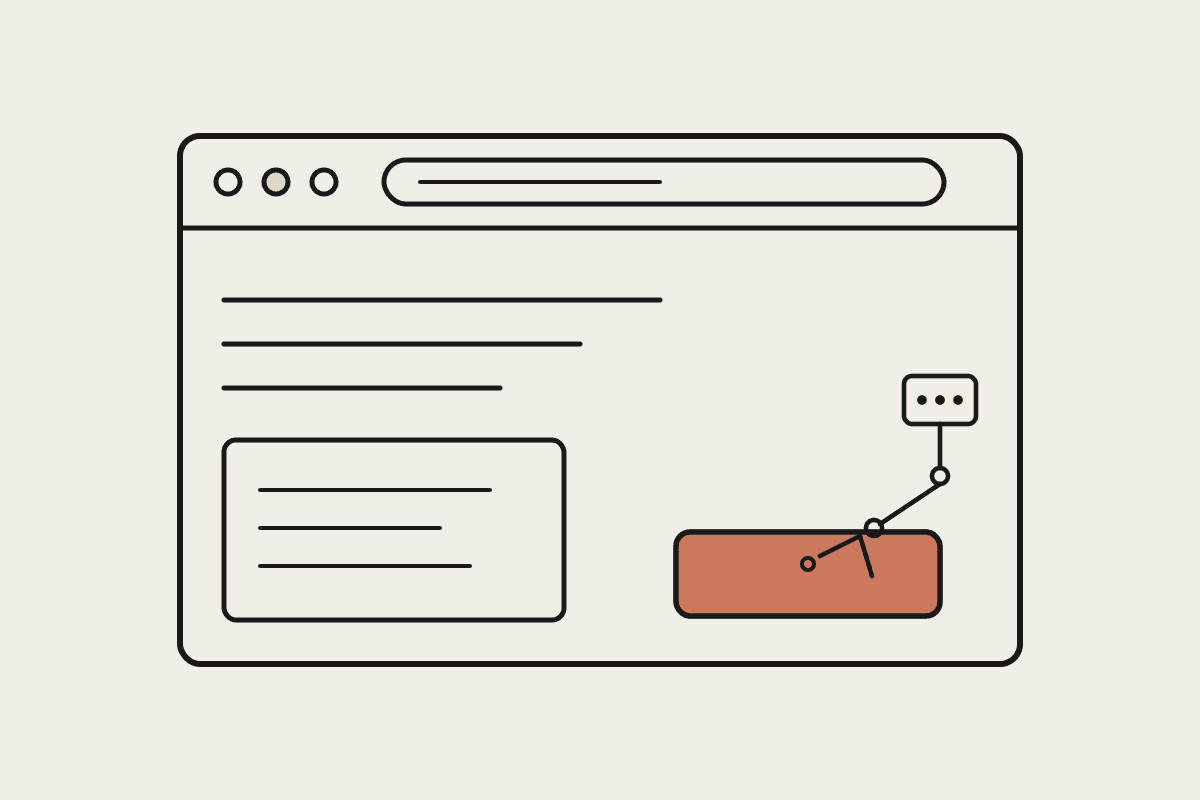 Line illustration of a small robotic arm with a pincer reaching down to click a terracotta button inside a browser window