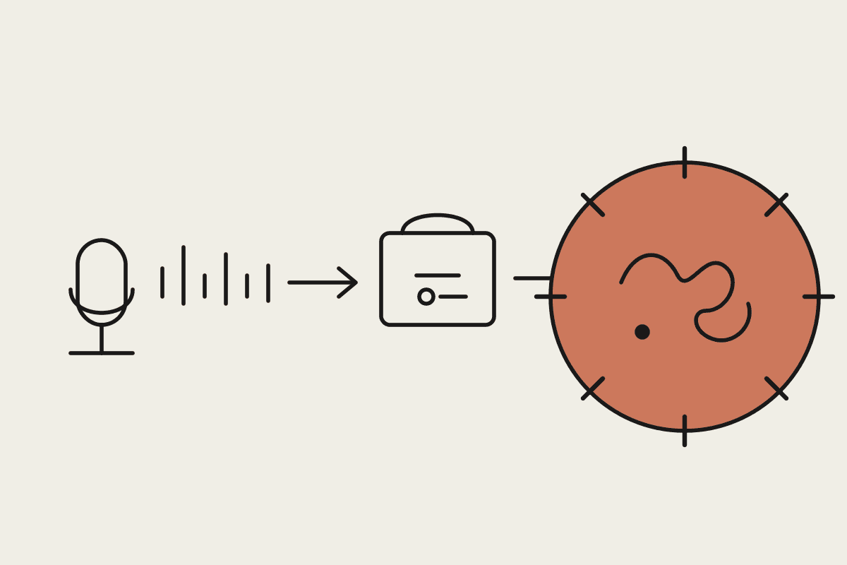 Line illustration of a soundwave feeding into a small toolbox, which feeds into a larger terracotta gear-shaped brain