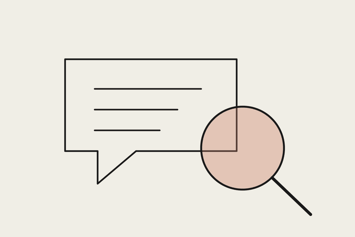 Line illustration of a speech bubble containing text lines with a magnifying glass highlighting part of the answer