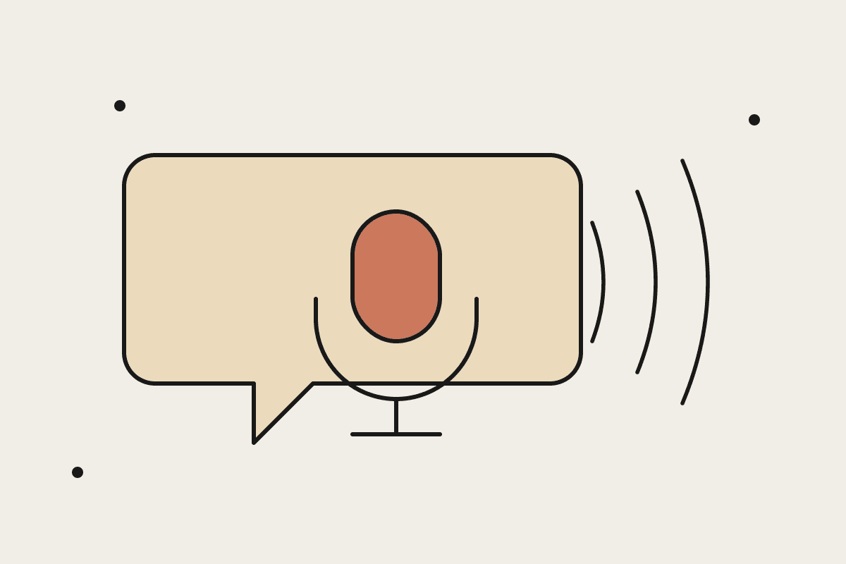 Line illustration of a speech bubble holding a terracotta microphone with soundwaves, representing Claude's voice mode