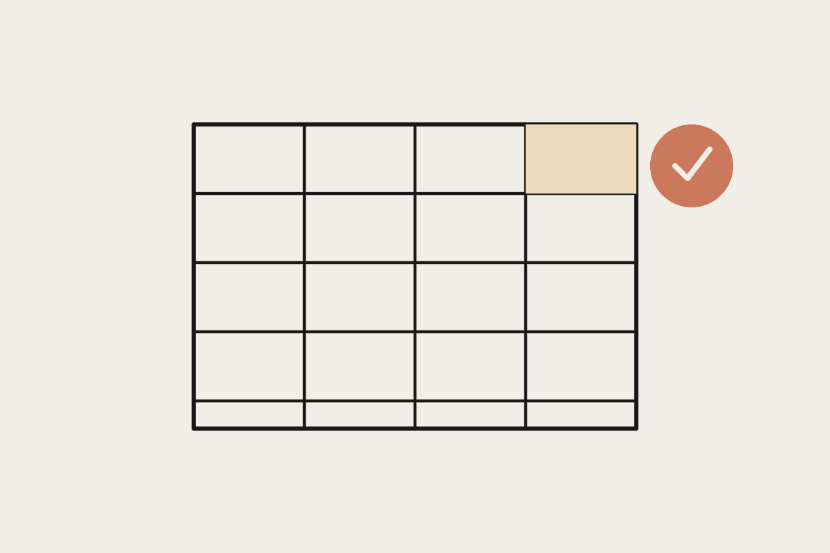 Line illustration of a spreadsheet grid with a terracotta circle checkmark badge in the corner