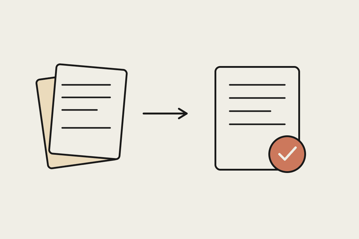 Line illustration of a stack of paper invoices flowing into a single organised document marked with a terracotta approval tick.