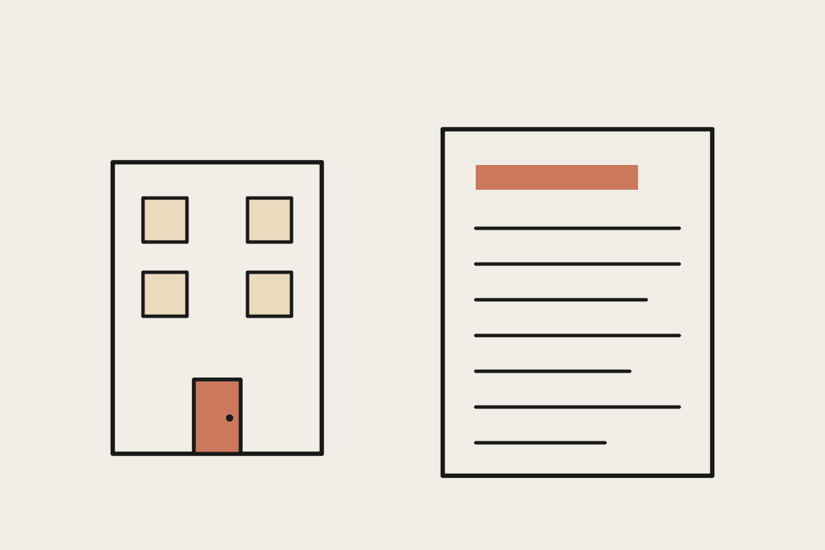Line illustration of a strata apartment building beside a page of meeting minutes, with a terracotta door and heading bar