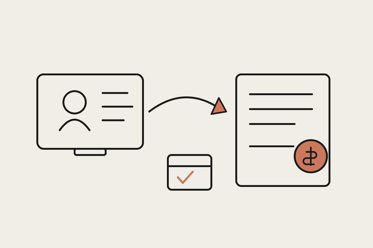 Line illustration of a telehealth consult screen connected by an arrow to an invoice with a terracotta paid coin