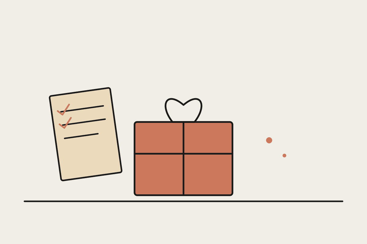 Line illustration of a terracotta gift box on a shop counter beside a tilted checklist card with two ticked items