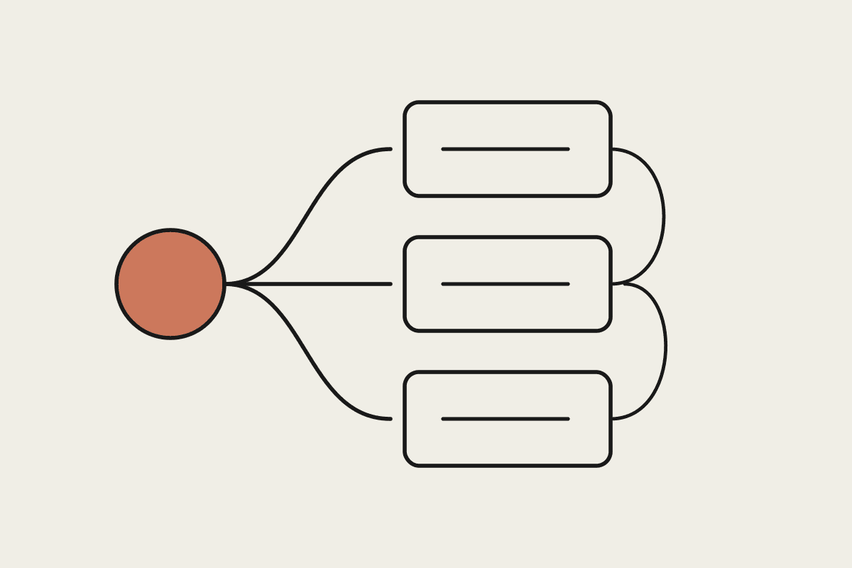 Line illustration of a terracotta node branching into three parallel task panels