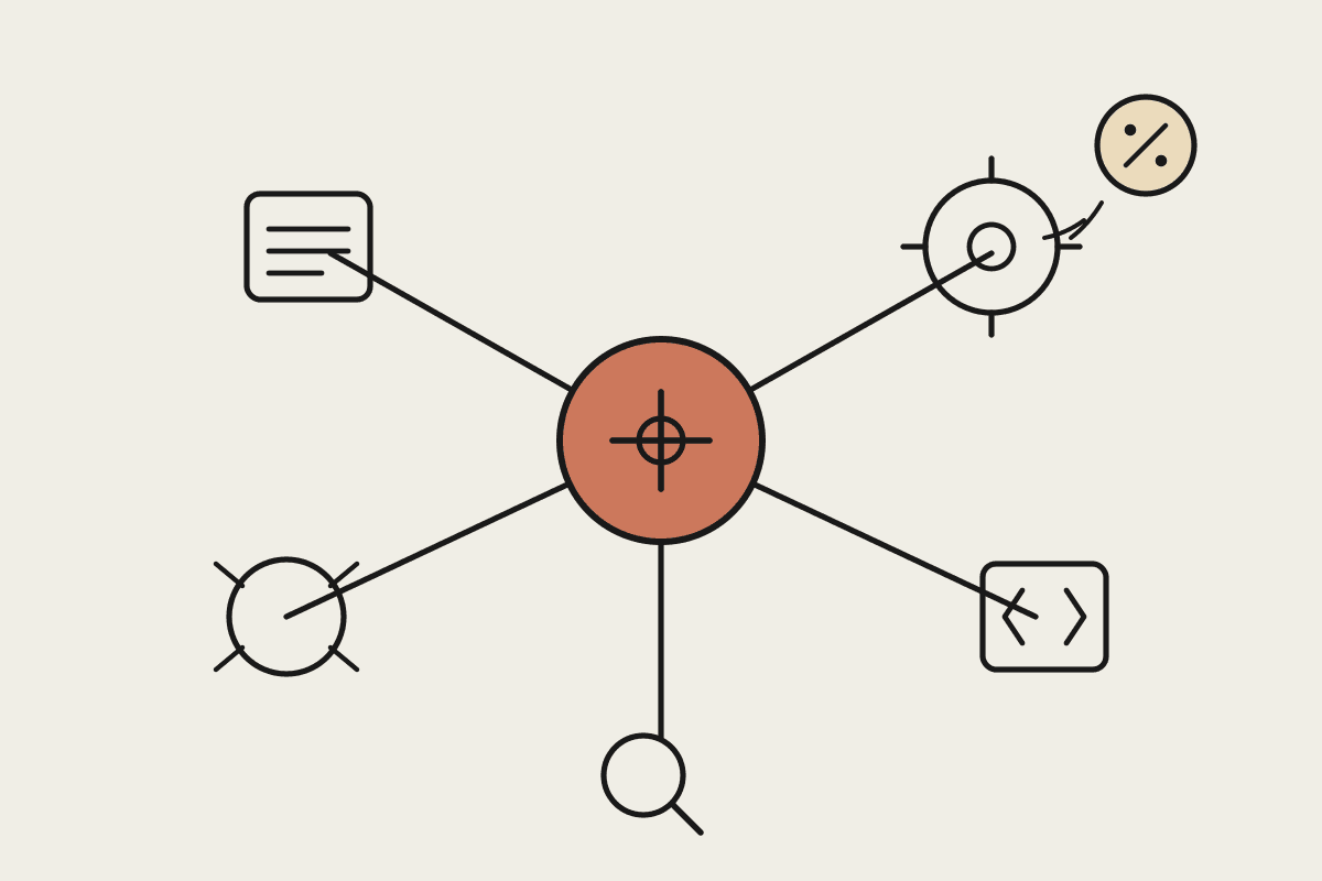 Line illustration of a terracotta orchestrator hub delegating to smaller task icons, with a falling percentage coin showing cost reduction