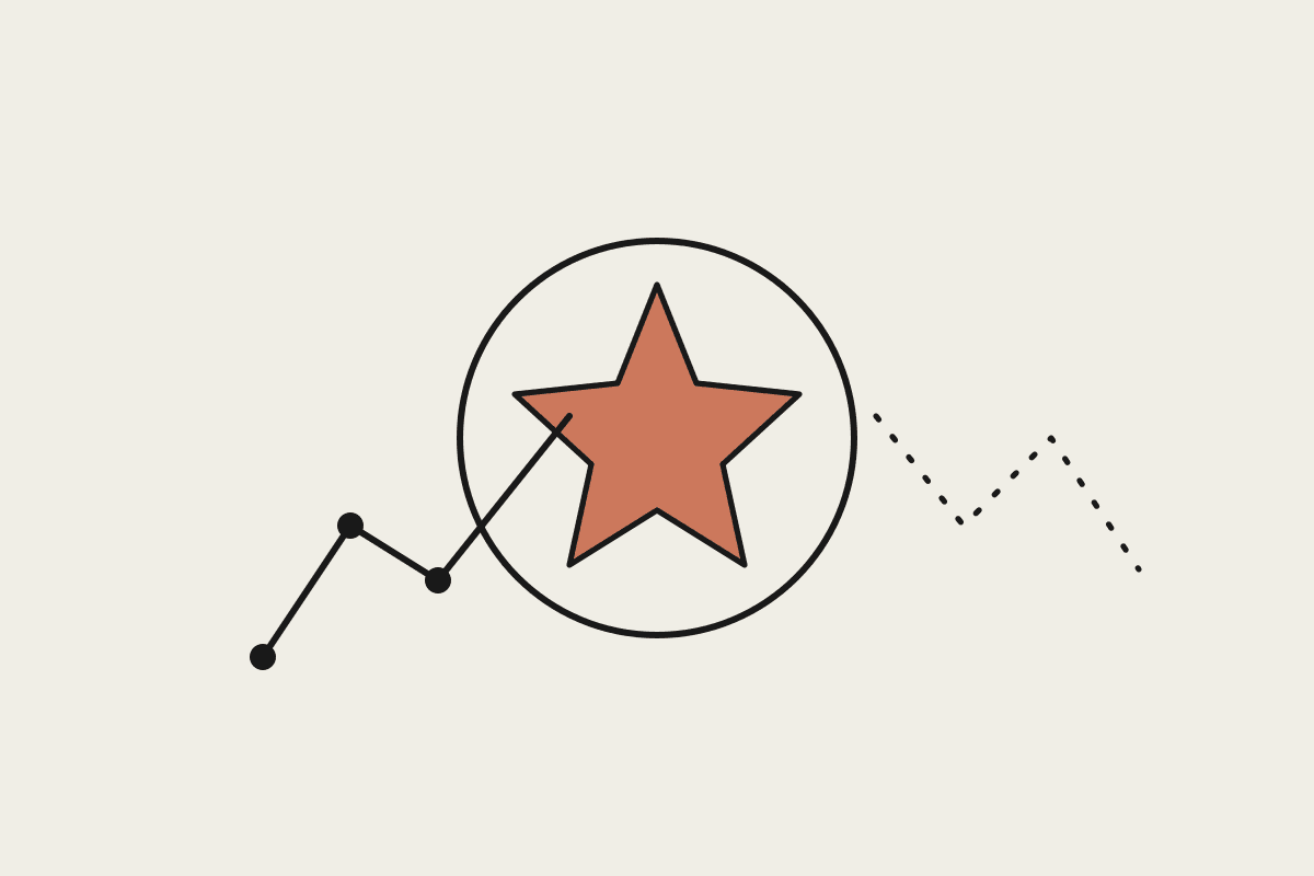 Line illustration of a terracotta star inside a circle with an ascending line of dots, representing a model performance leap