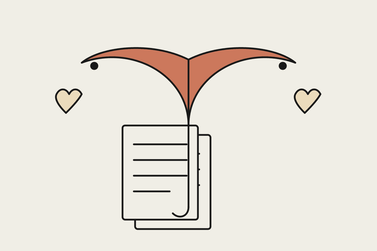 Line illustration of a terracotta umbrella sheltering a stack of documents, Automata AI notebook style