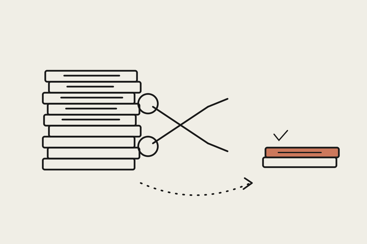 Line illustration of a thick stack of paper being cut down by scissors into one thin terracotta stack, representing trimming a bloated system prompt