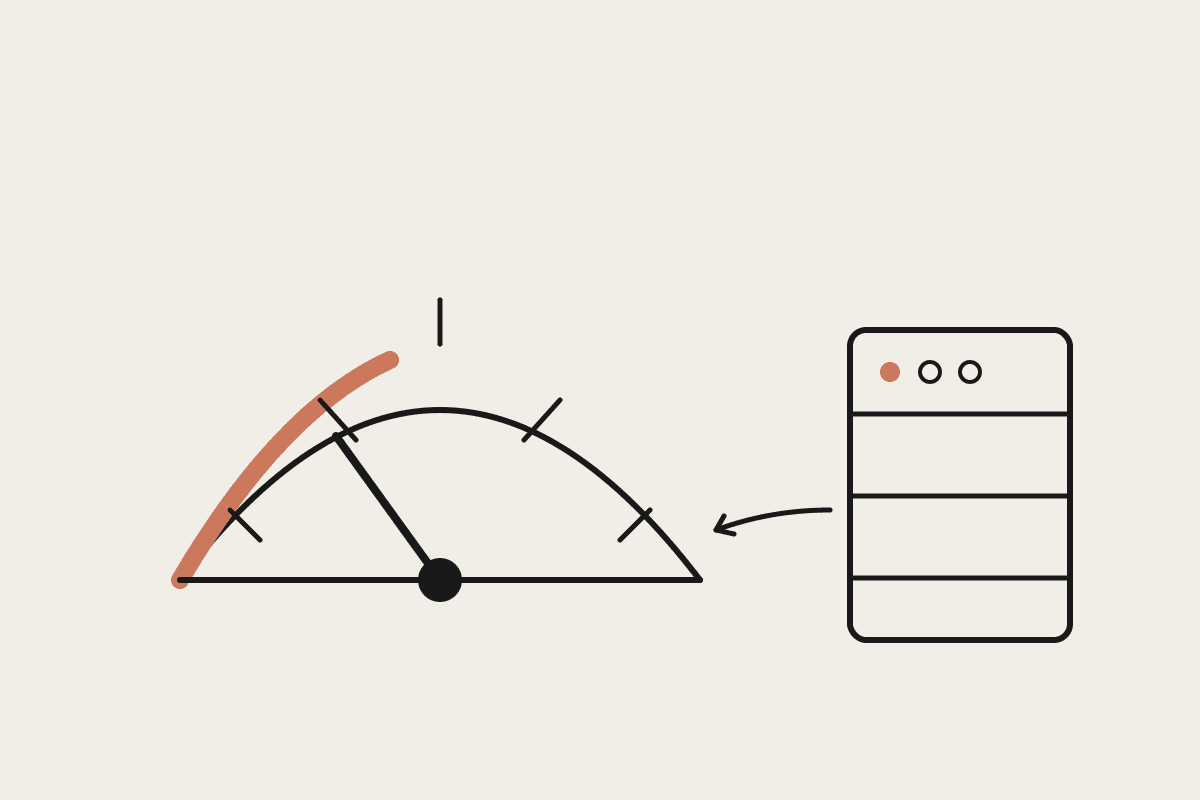Line illustration of a throttle gauge with a terracotta safe-zone arc beside a small server rack, representing rate limiting and backoff for an MCP server.