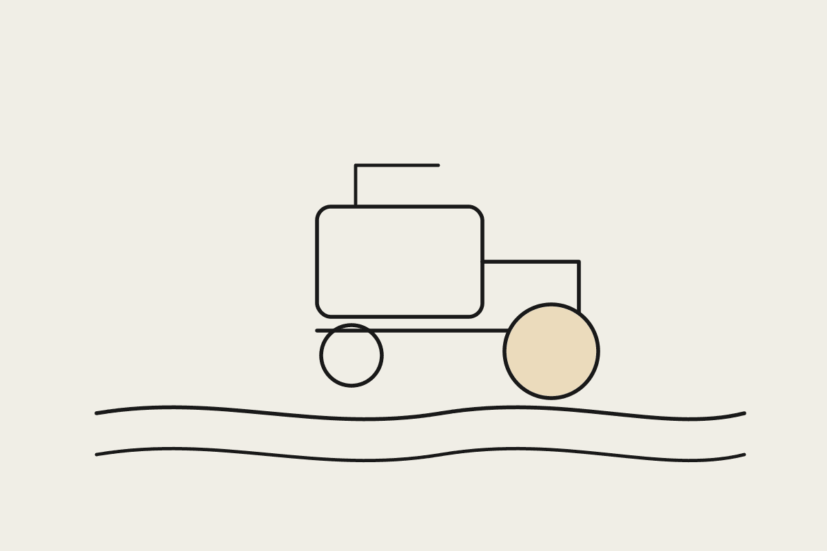 Line illustration of a tractor crossing furrowed rows, the rear wheel filled in tan