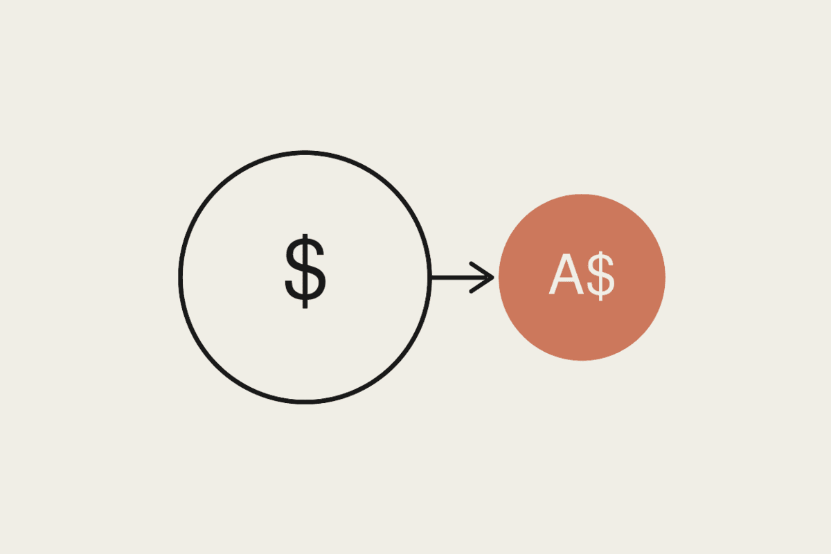 Line illustration of a USD coin and a smaller terracotta AUD coin connected by an arrow
