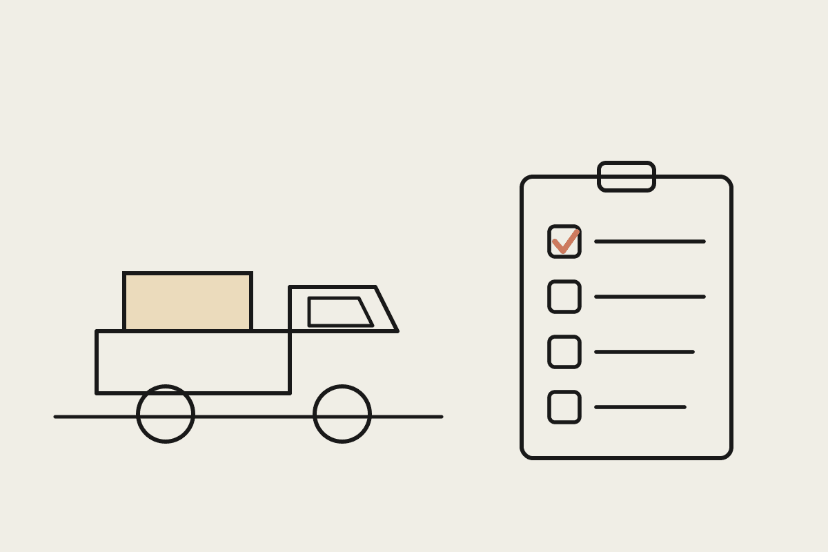 Line illustration of a work truck carrying a load beside a compliance checklist with a terracotta tick