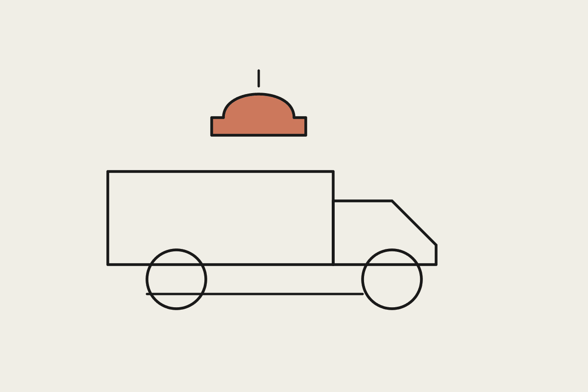 Line illustration of a work van beside a terracotta hard hat
