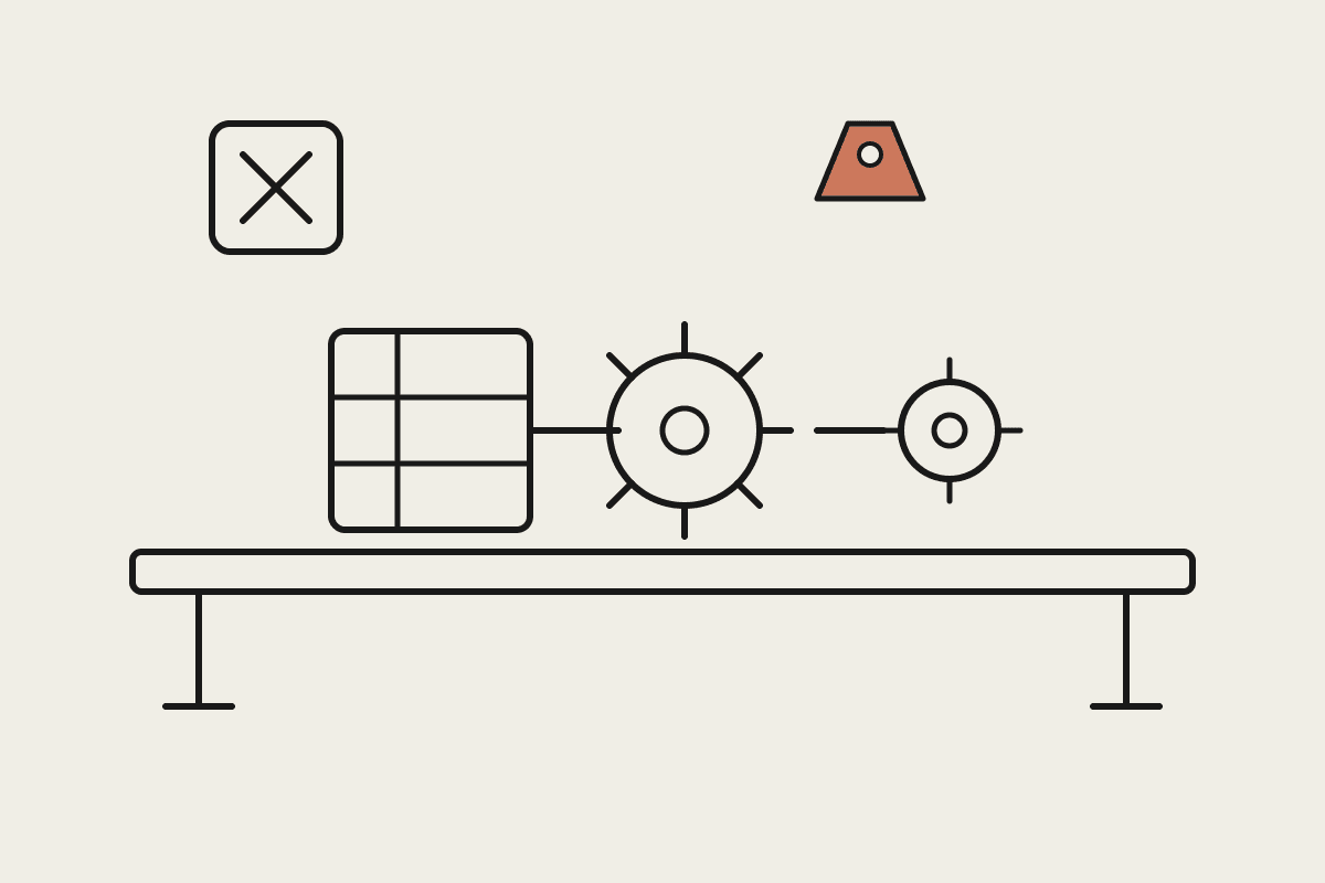 Line illustration of a workbench with gears and a wrench, and a terracotta approval tag hanging above it, representing a governance checkpoint for AI coding agents