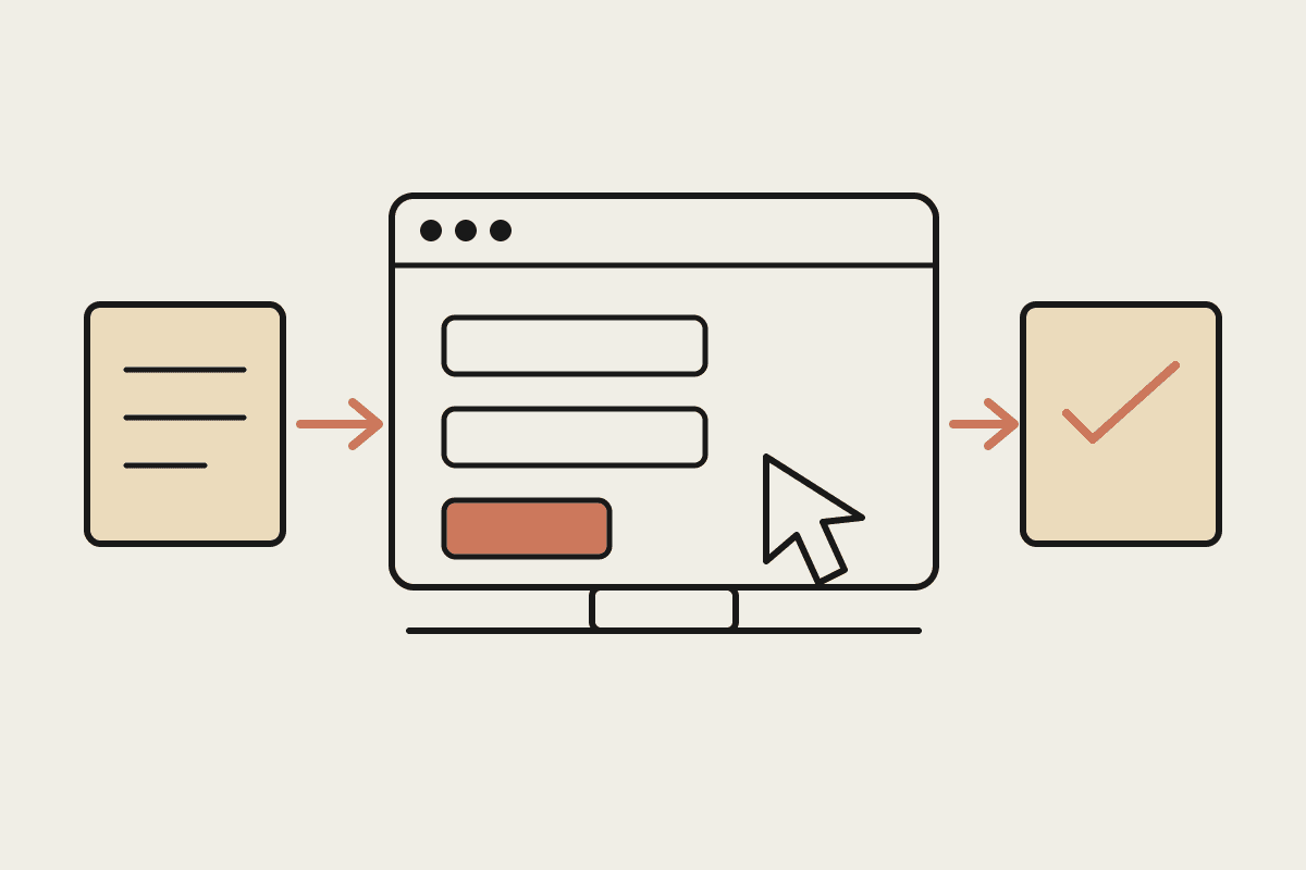 Line illustration of an agent cursor operating a legacy software window, with a document flowing in from the left and a completed file marked with a terracotta tick on the right.